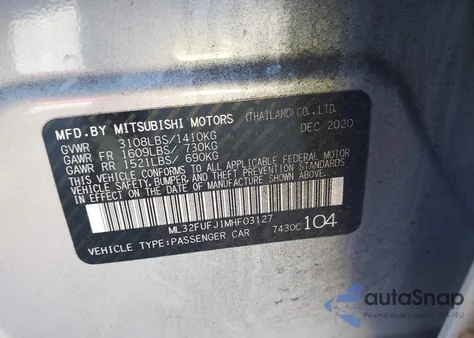 2021 Mitsubishi Mirage G4 Carbonite Edition/Es/Le z USA, uszkodzony, nr VIN ML32FUFJ1MHF03127